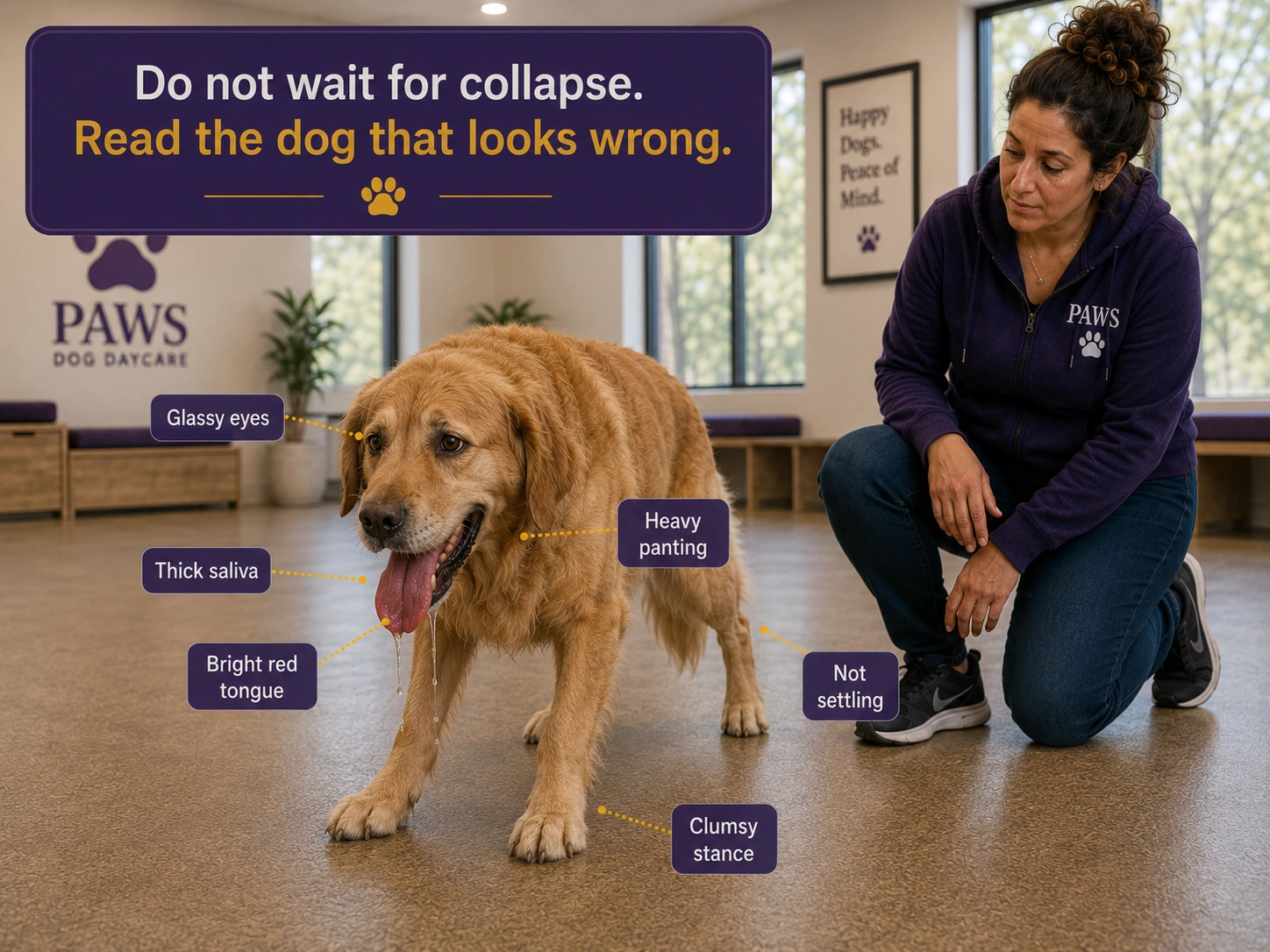 Golden retriever in a PAWS daycare room shows heat distress while a staff member watches closely; callout labels identify glassy eyes, heavy panting, thick saliva, bright red tongue, failure to settle, and a clumsy stance.