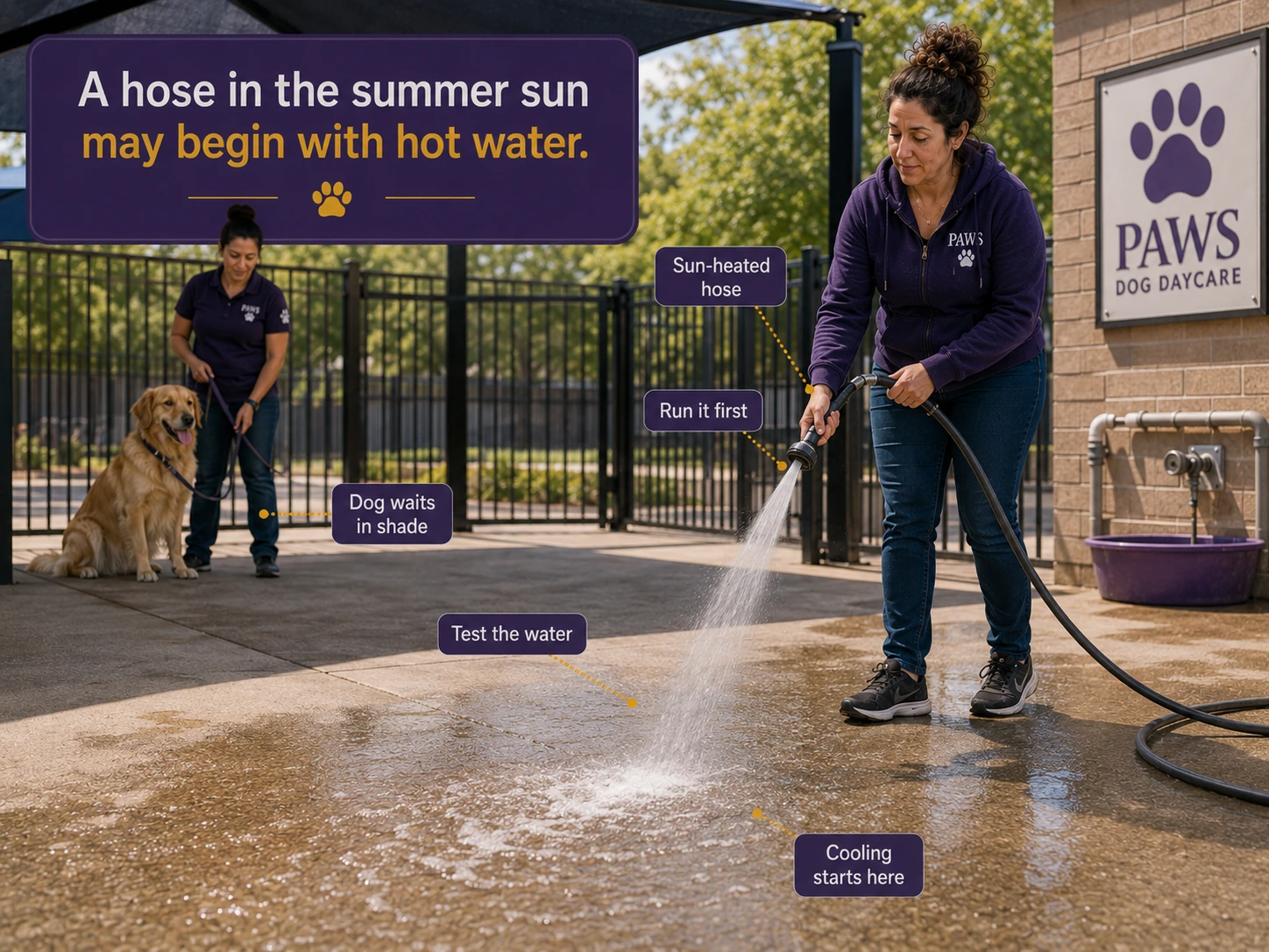 Outdoor PAWS staff member sprays water onto the ground first to test a sun-heated hose while another staff member holds a dog in the shade; labels note to run the hose first, test the water, and keep the dog in shade.
