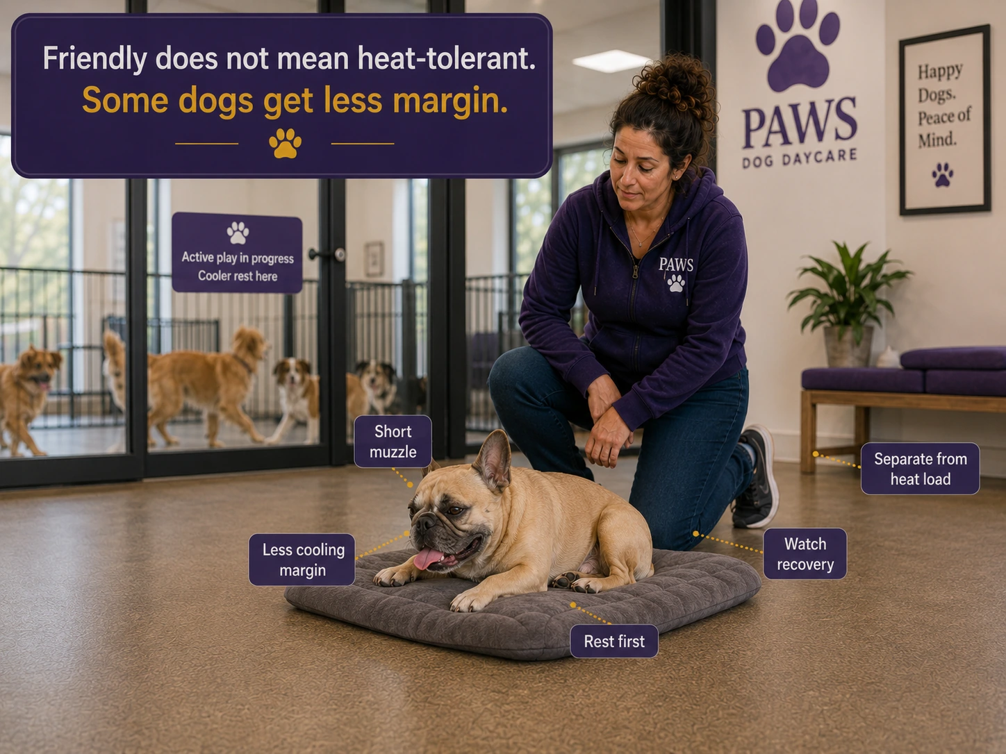 French bulldog rests on a cooling mat inside PAWS Dog Daycare while a staff member monitors recovery; labels explain the dog’s short muzzle, smaller cooling margin, need for rest, and separation from the heat load.