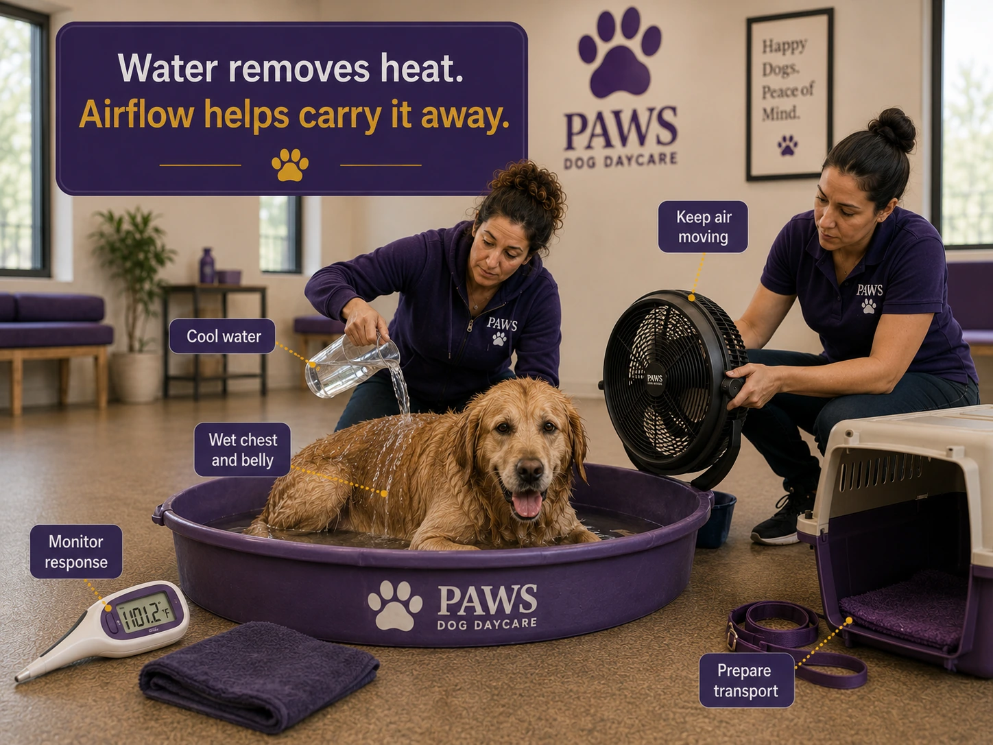 Inside PAWS Dog Daycare, one staff member pours cool water over a golden retriever in a shallow tub while another points a fan toward the dog; labels note cool water, wet chest and belly, airflow, monitoring response, and preparing transport.