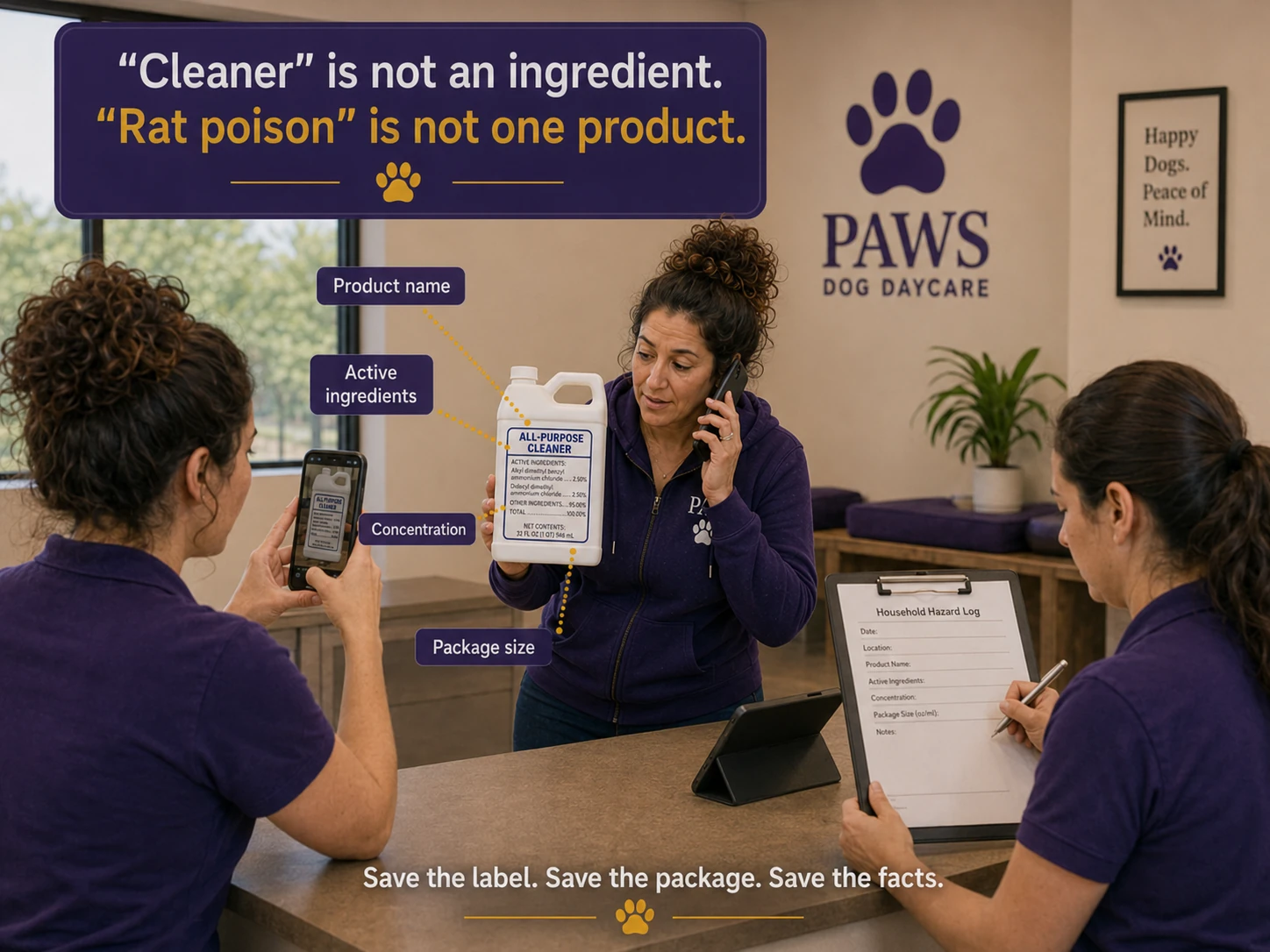 A dog shows sudden drooling at daycare while the PAWS Lady asks an owner about missing medication, gum or candy, trash bags, and symptoms that may have started before arrival.