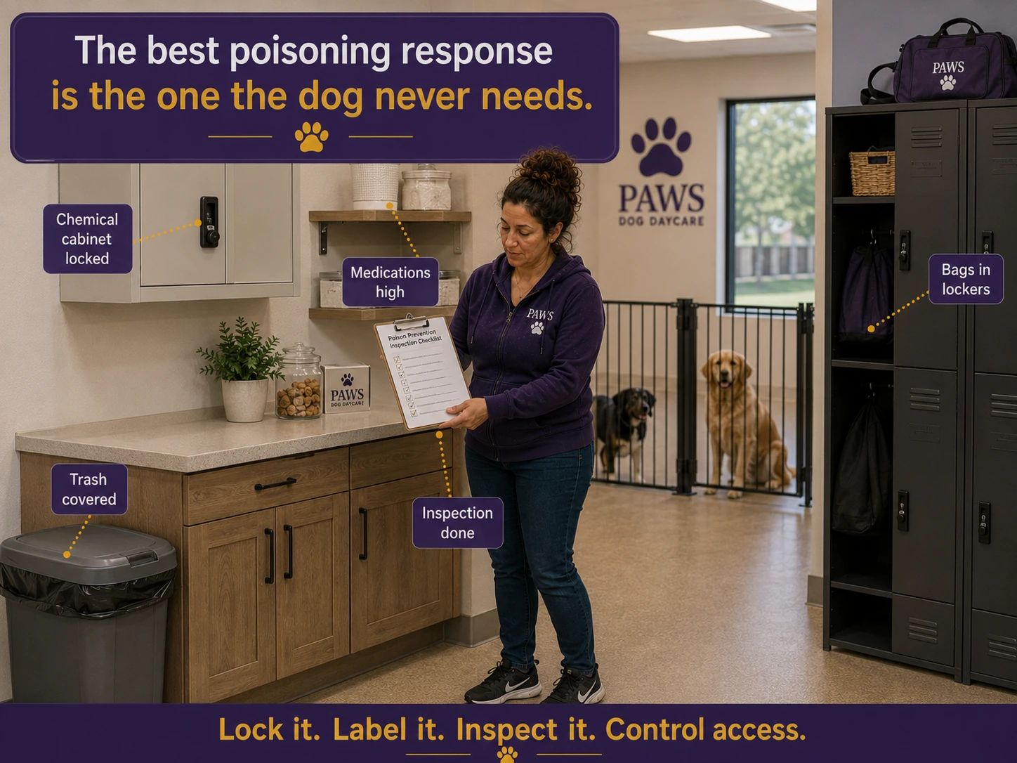 PAWS staff remove a dog from a suspected poisoning area, isolate the spill, secure the other dogs behind a gate, and preserve evidence in a marked bag.