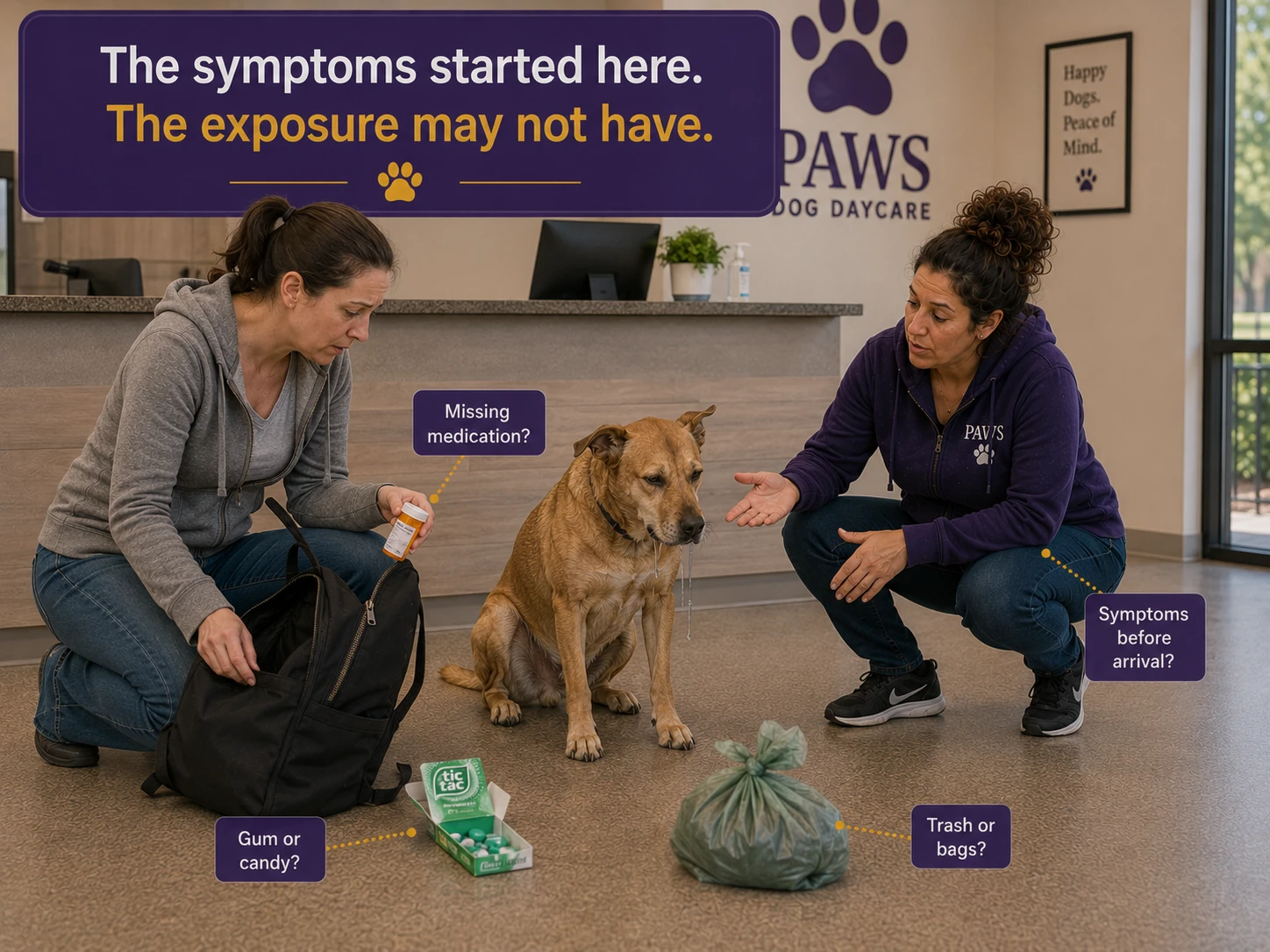 PAWS Lady completes a poison-prevention inspection beside a locked chemical cabinet, elevated medications, covered trash, and staff bags secured in lockers.