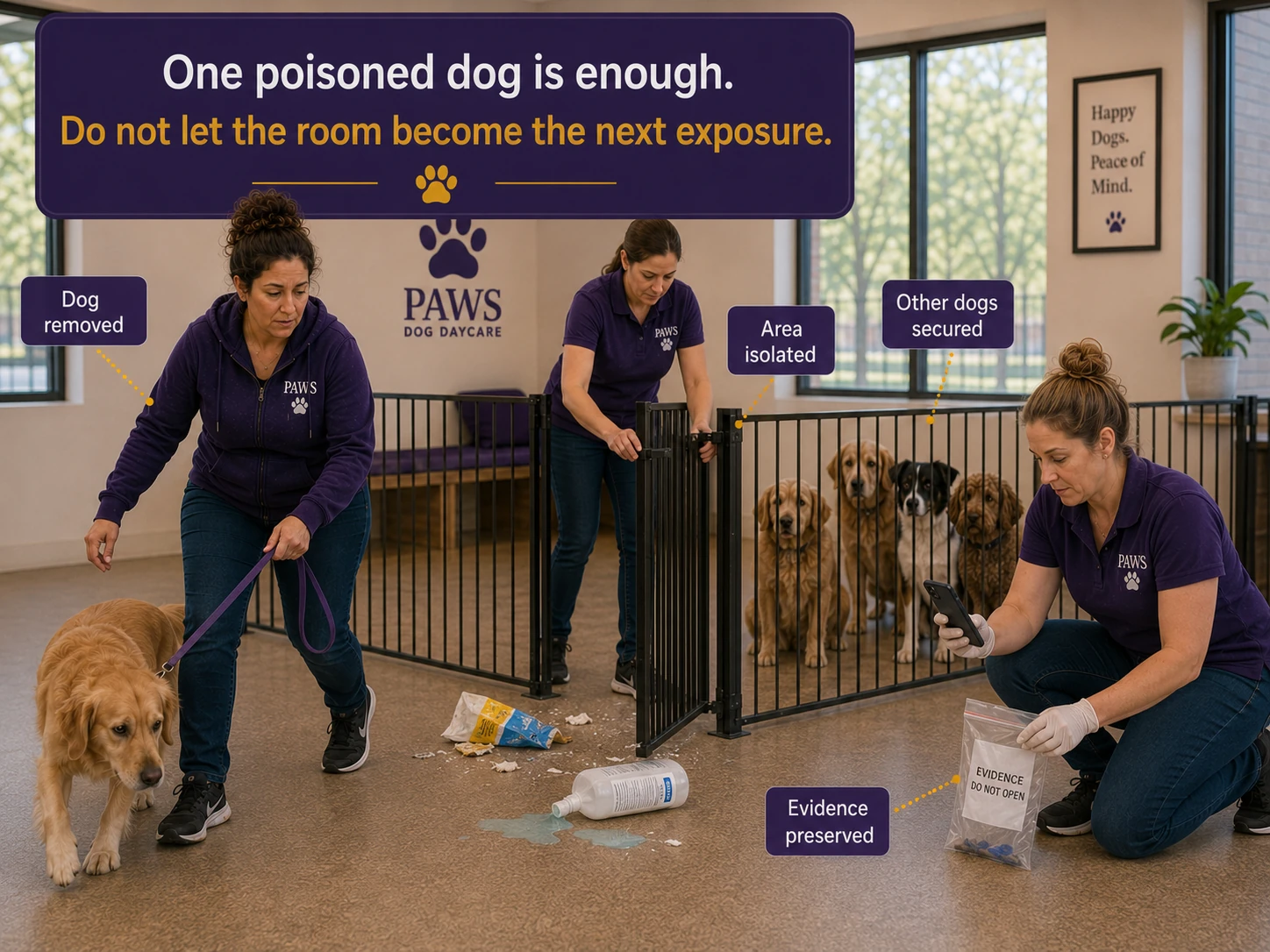PAWS Lady evaluates a weak dog near a suspected exposure area while an infographic lists ingested, topical, inhaled, eye, and unknown routes of poisoning exposure.