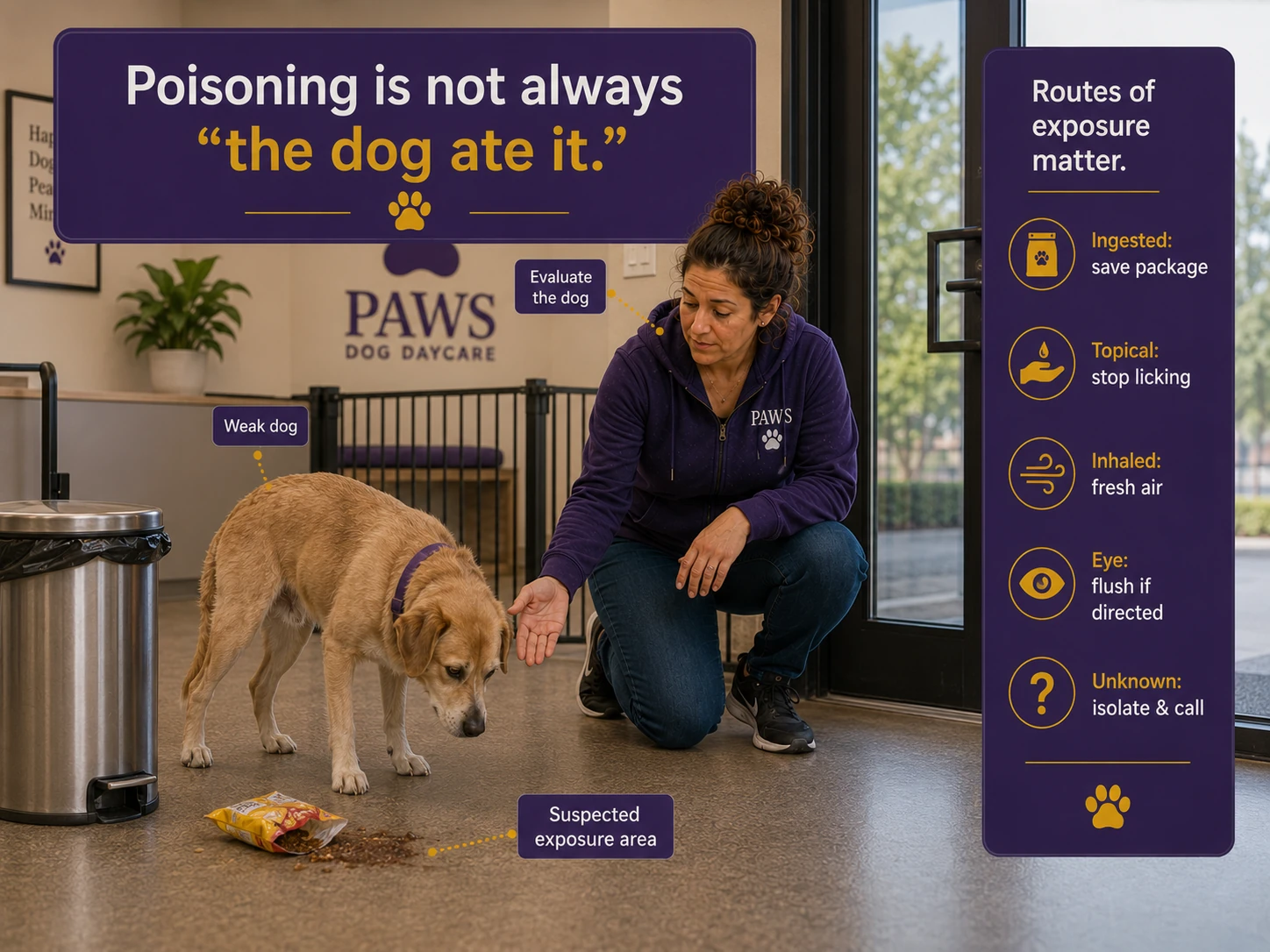 PAWS staff carry a sick dog on a stretcher toward a transport van while bringing the product package, poison-control case number, timeline, and medical records.