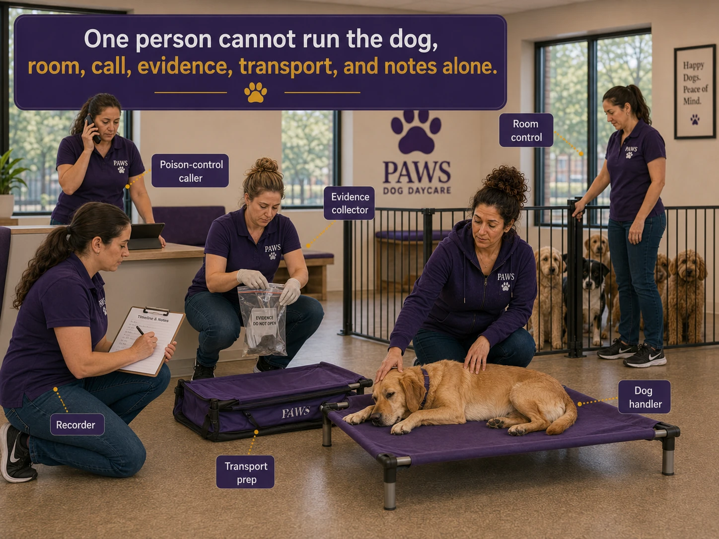 PAWS staff remove a drooling and unsteady dog from exposure, secure the playroom, begin the emergency call, and prepare transport.