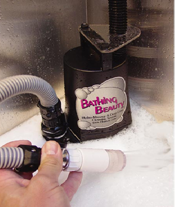 Dog grooming recirculating bathing system with pump and spray hose.