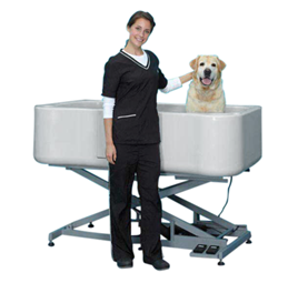Fiberglass grooming tub example with molded bathing station design.