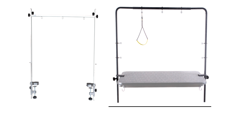 Overhead grooming arm with two vertical posts and top crossbar mounted to both ends of a dog grooming table.