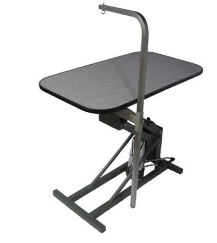 Rotating grooming arm attached to a dog grooming table with a swing-away table-mounted arm design.