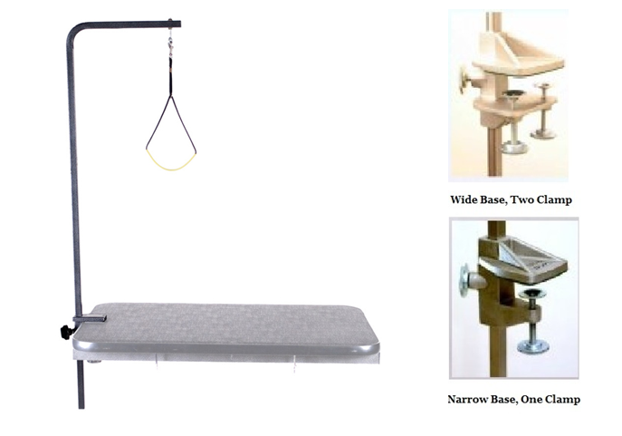 Standard 90-degree grooming arm with clamp base and single height adjustment for a dog grooming table.