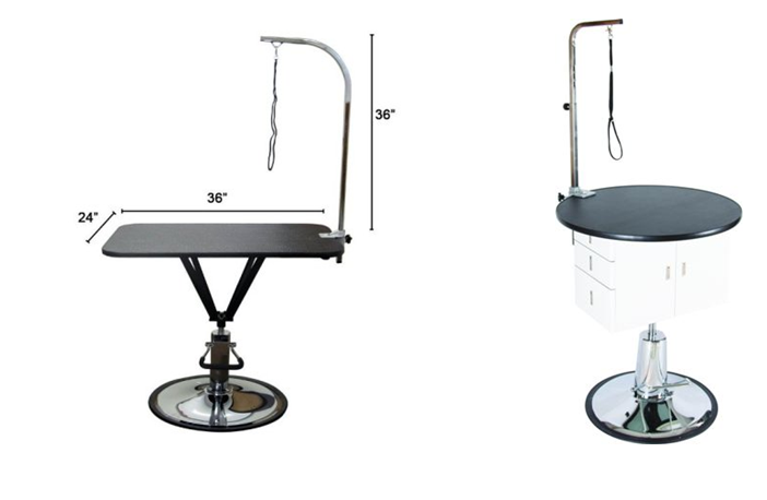 Barber salon chair type hydraulic grooming table with round pedestal base and rotating table top.