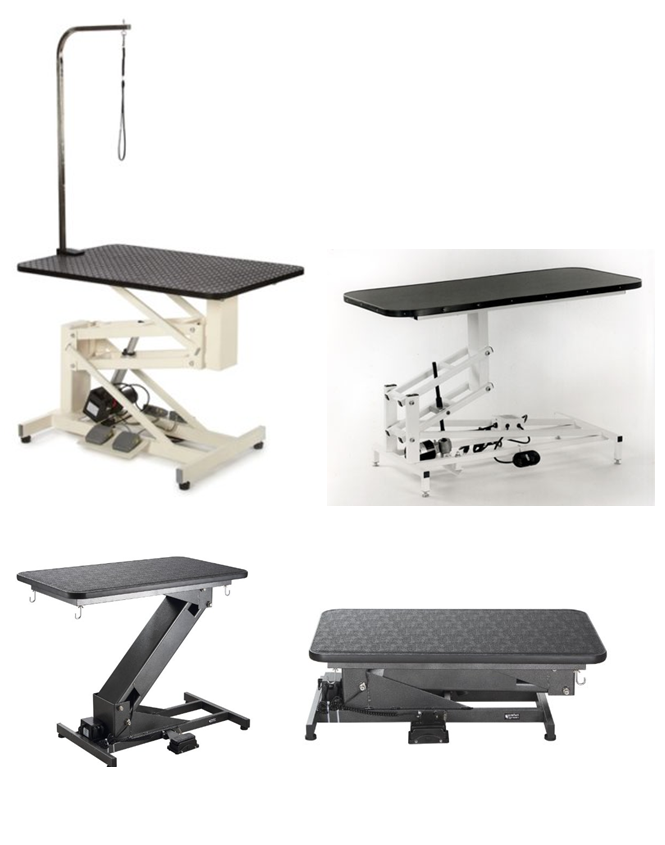 Electric professional grooming table examples showing motorized lift table designs for dog grooming rooms.