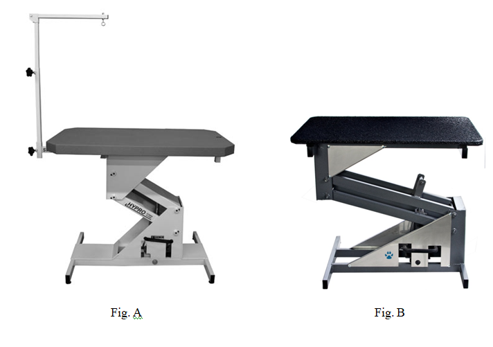 Figure A versus Figure B commercial hydraulic grooming table comparison showing two professional table designs.