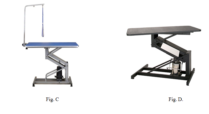 Figure C versus Figure D commercial hydraulic grooming table comparison showing simpler frame versus rotating top design.