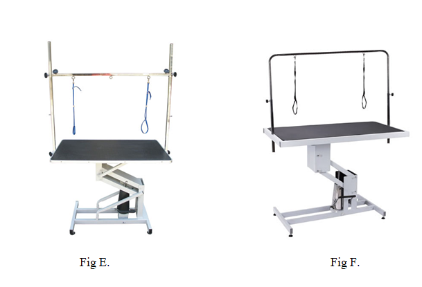 Figure E versus Figure F commercial hydraulic grooming table comparison showing compact and larger off-center table designs.