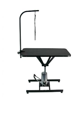Four-legged pedestal hydraulic grooming table with rotating top and H-frame style base for small to small-medium dogs.