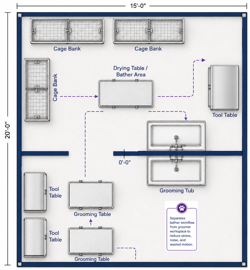 Larger grooming room layout diagram showing grooming tables, tool tables, grooming tubs, drying table and bather area, and multiple cage areas.