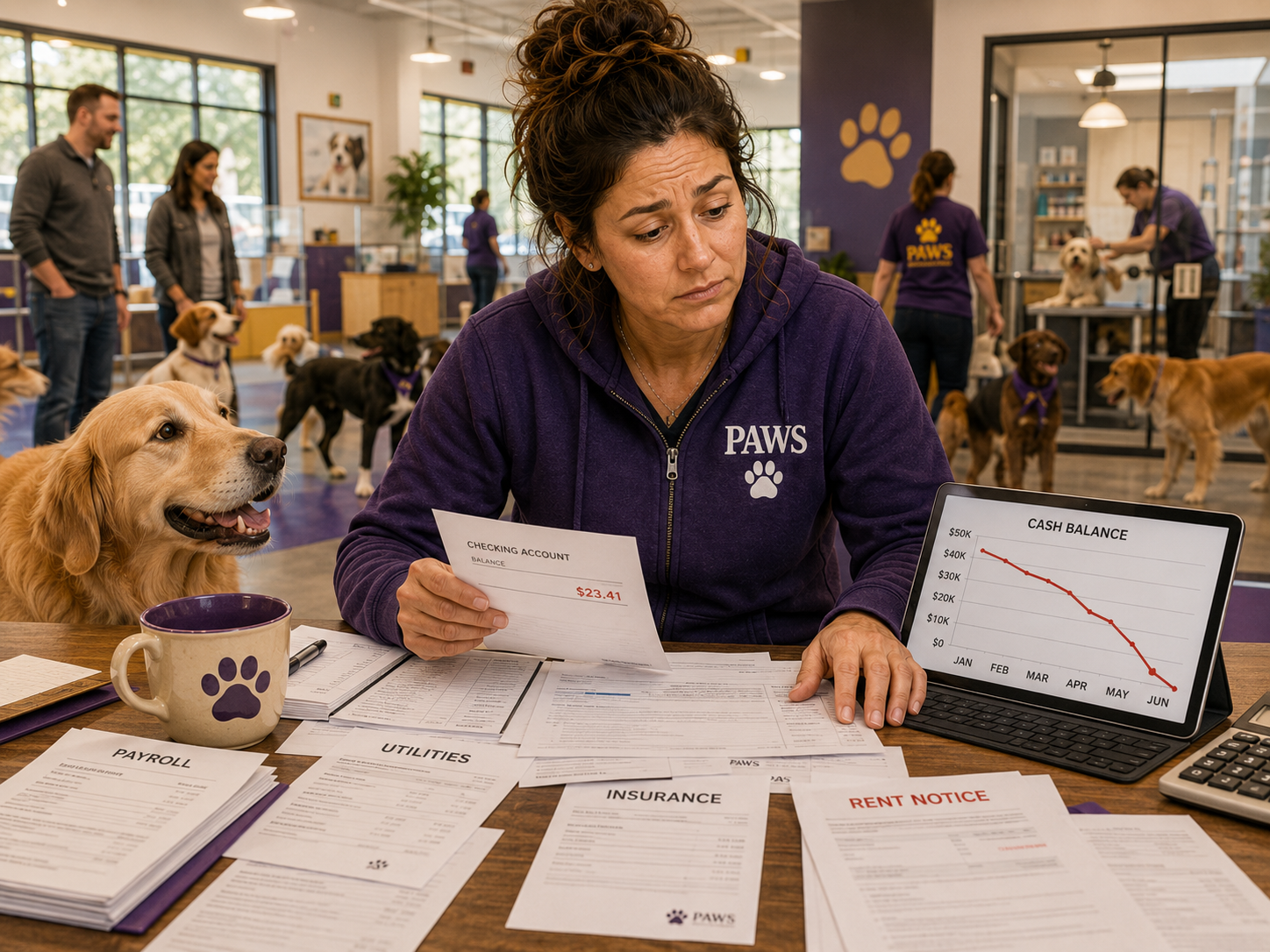 PAWS operator reviews an almost empty checking account and declining cash balance while a busy dog daycare operates behind her.
