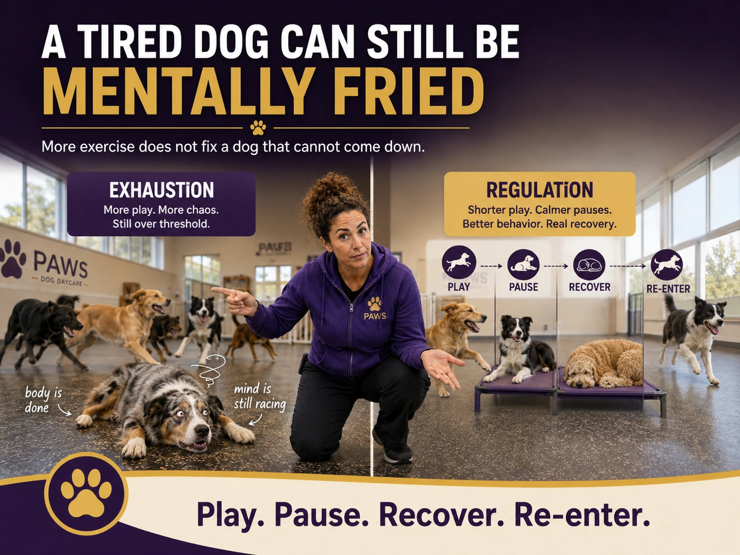 The PAWS Lady contrasts a mentally over-aroused dog with a structured play-pause-recover-re-enter regulation routine.