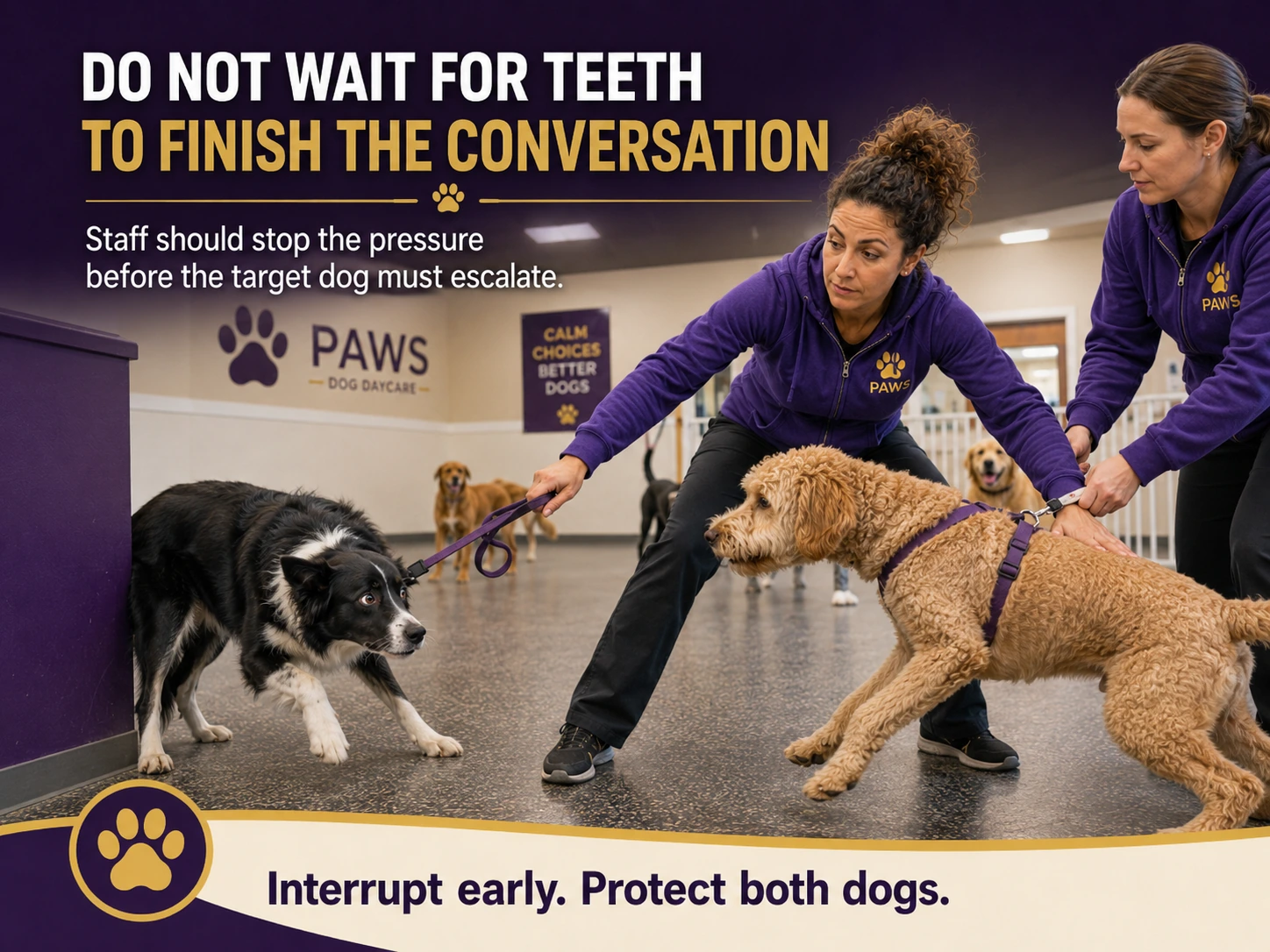 Two daycare staff members interrupt mounting and pressure between dogs before the target dog escalates further.