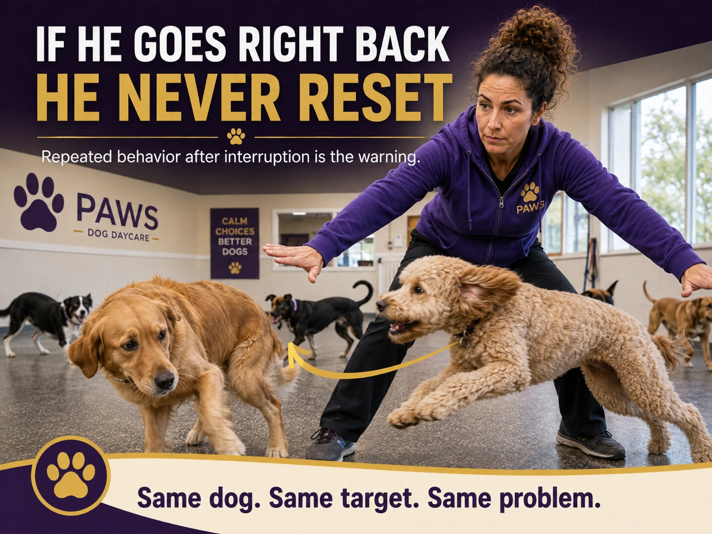 A daycare staff member blocks a dog from immediately re-engaging the same target after an interruption.