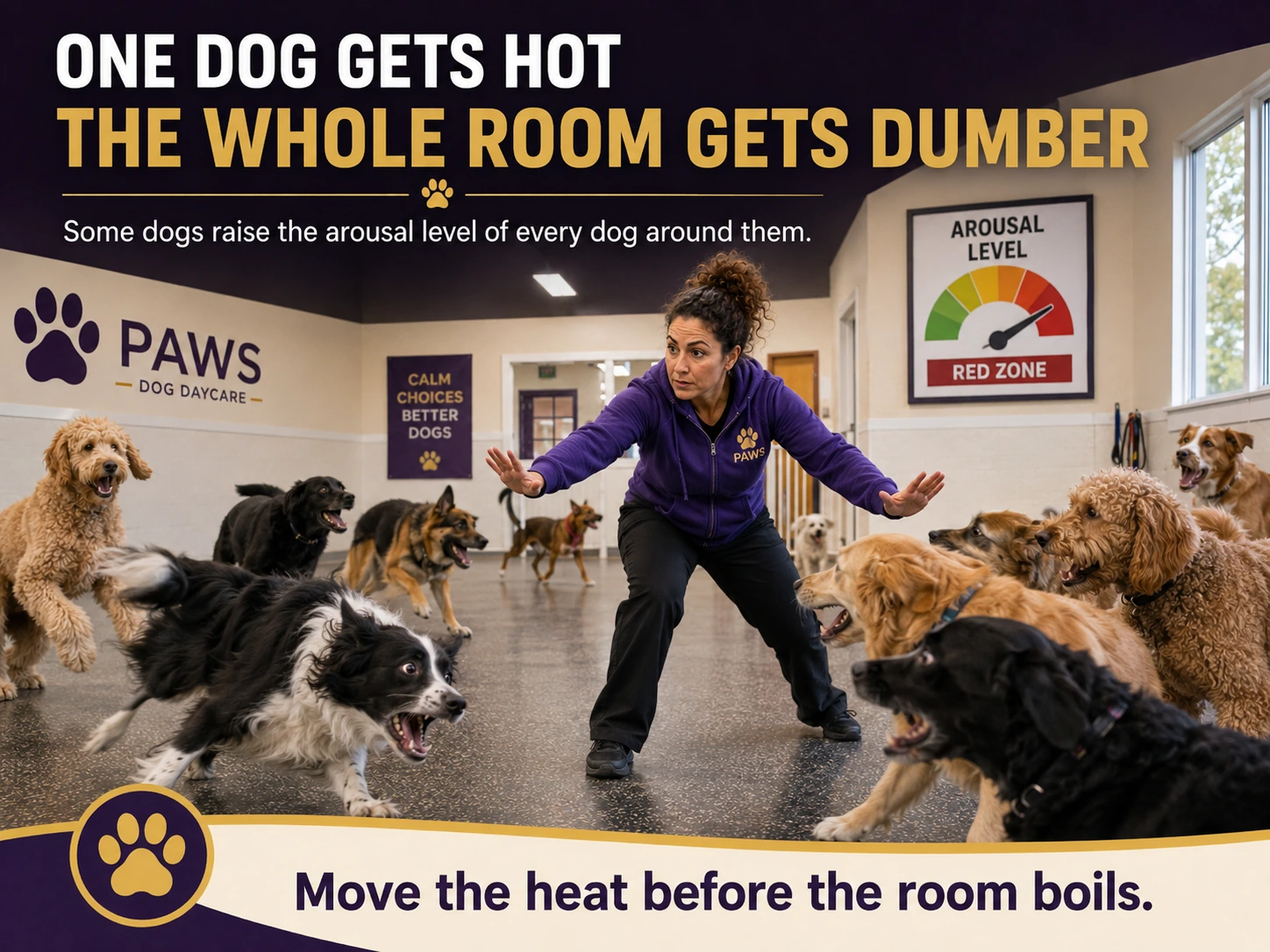 The PAWS Lady manages a playroom where one highly aroused dog is raising the arousal level of the entire group.