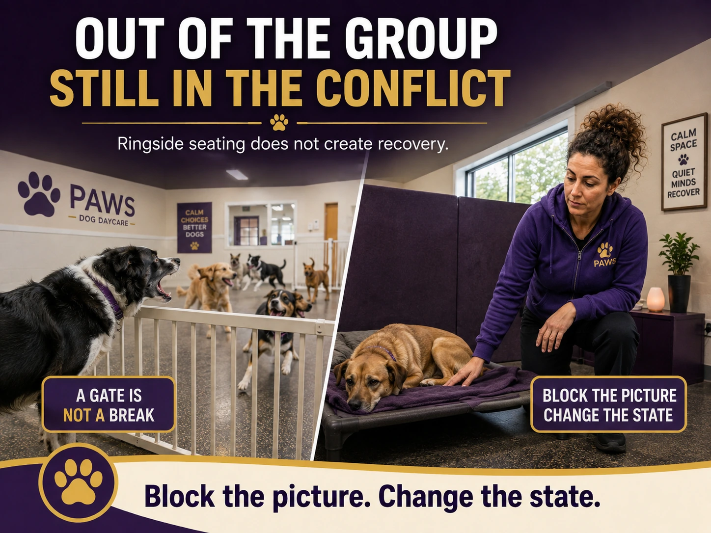 A dog separated by a gate remains aroused while another dog recovers in a quiet decompression area with staff support.