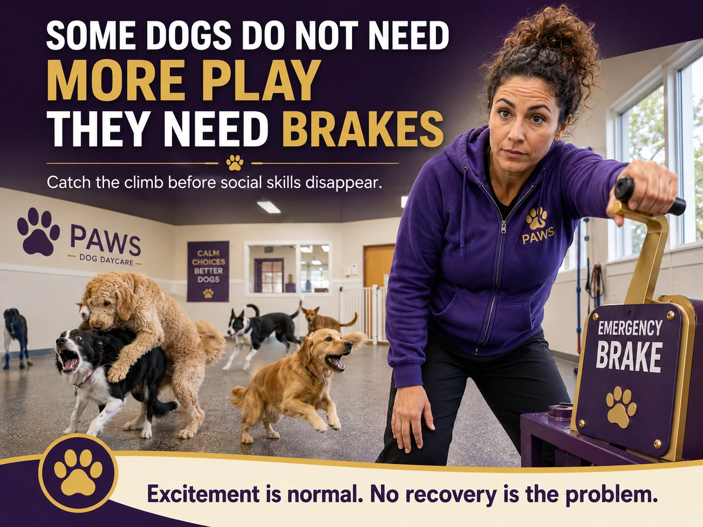 The PAWS Lady stands by an emergency brake sign while over-aroused dogs escalate behind her in the daycare room.