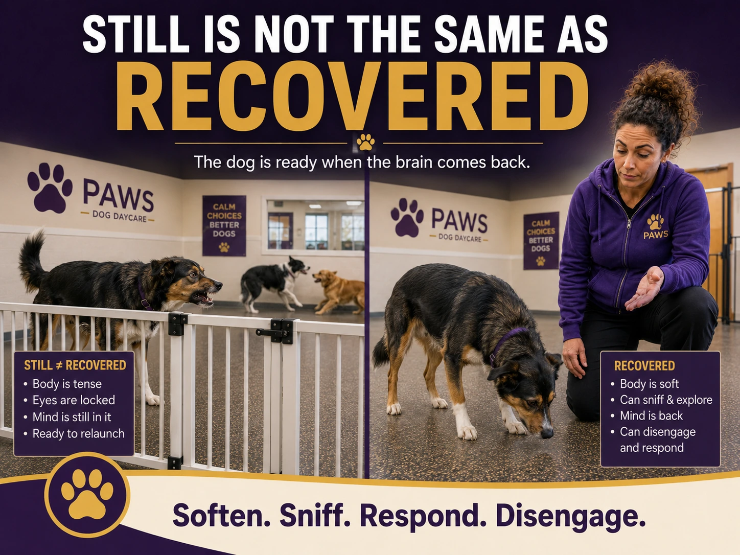 A split comparison shows a dog standing tense behind a gate versus the same dog calmly sniffing and disengaging after true recovery.