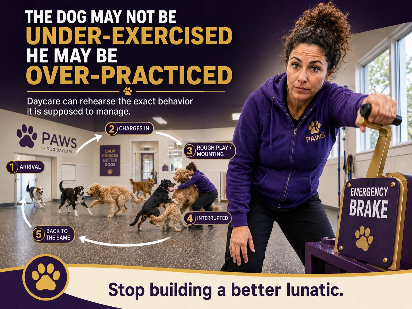 The PAWS Lady uses an emergency brake concept to show how daycare can rehearse unwanted rough play instead of improving behavior.