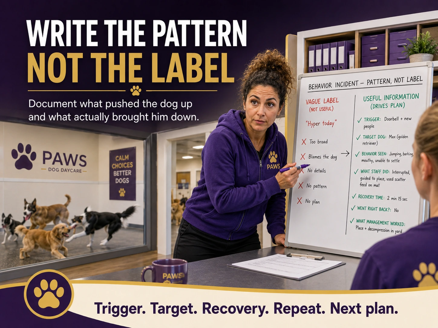Staff member documents a dog behavior incident on a whiteboard using specific trigger and recovery details instead of vague labels.