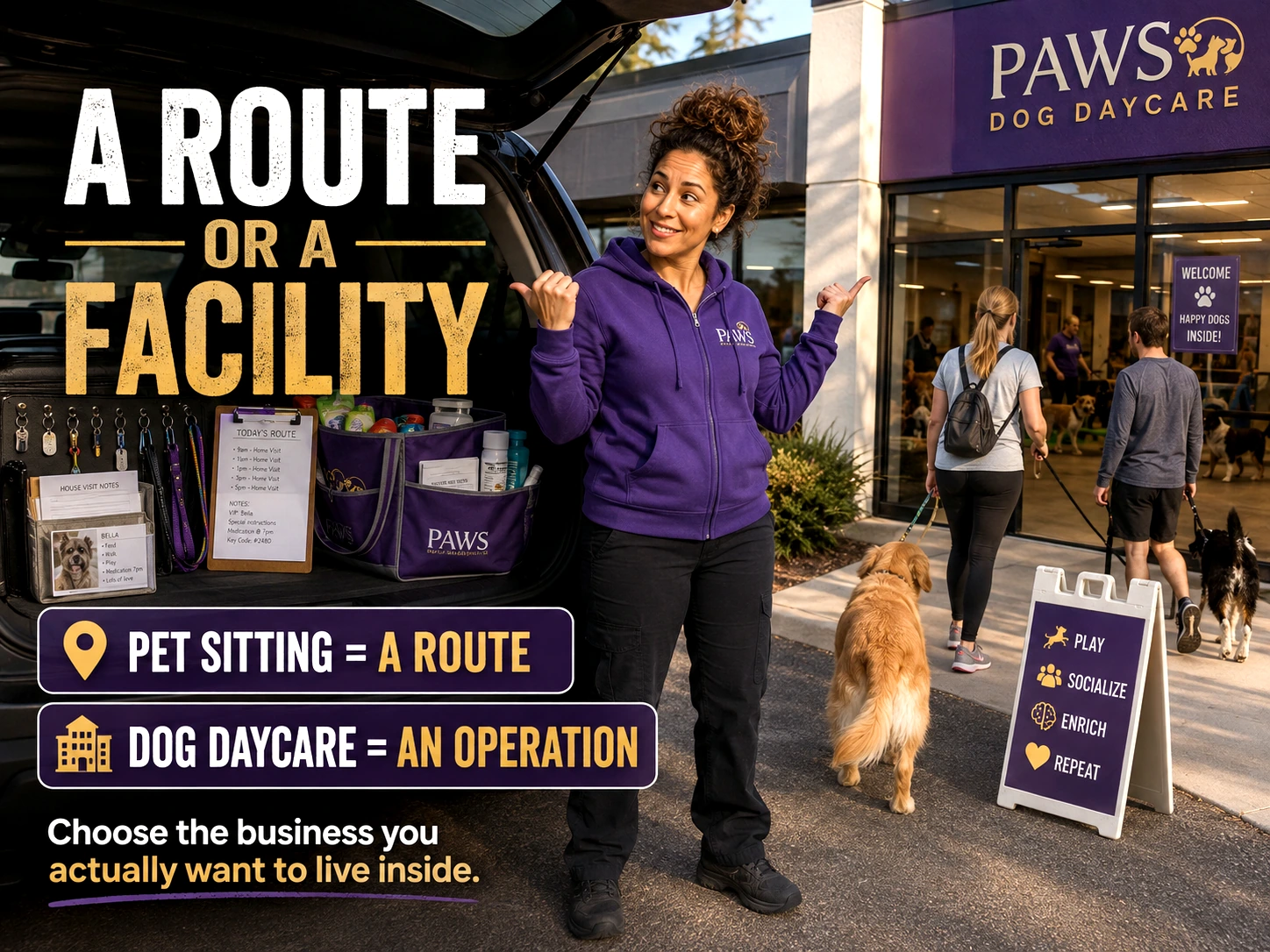 PAWS Lady standing between a pet-sitting vehicle packed with route supplies and a busy dog daycare entrance, with overlay text comparing pet sitting as a route and dog daycare as an operation.