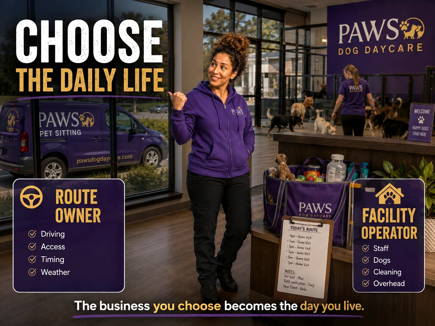 PAWS Lady standing in a daycare lobby with a pet-sitting van visible outside and daycare activity behind her, with overlay boxes comparing the daily reality of route owner versus facility operator.