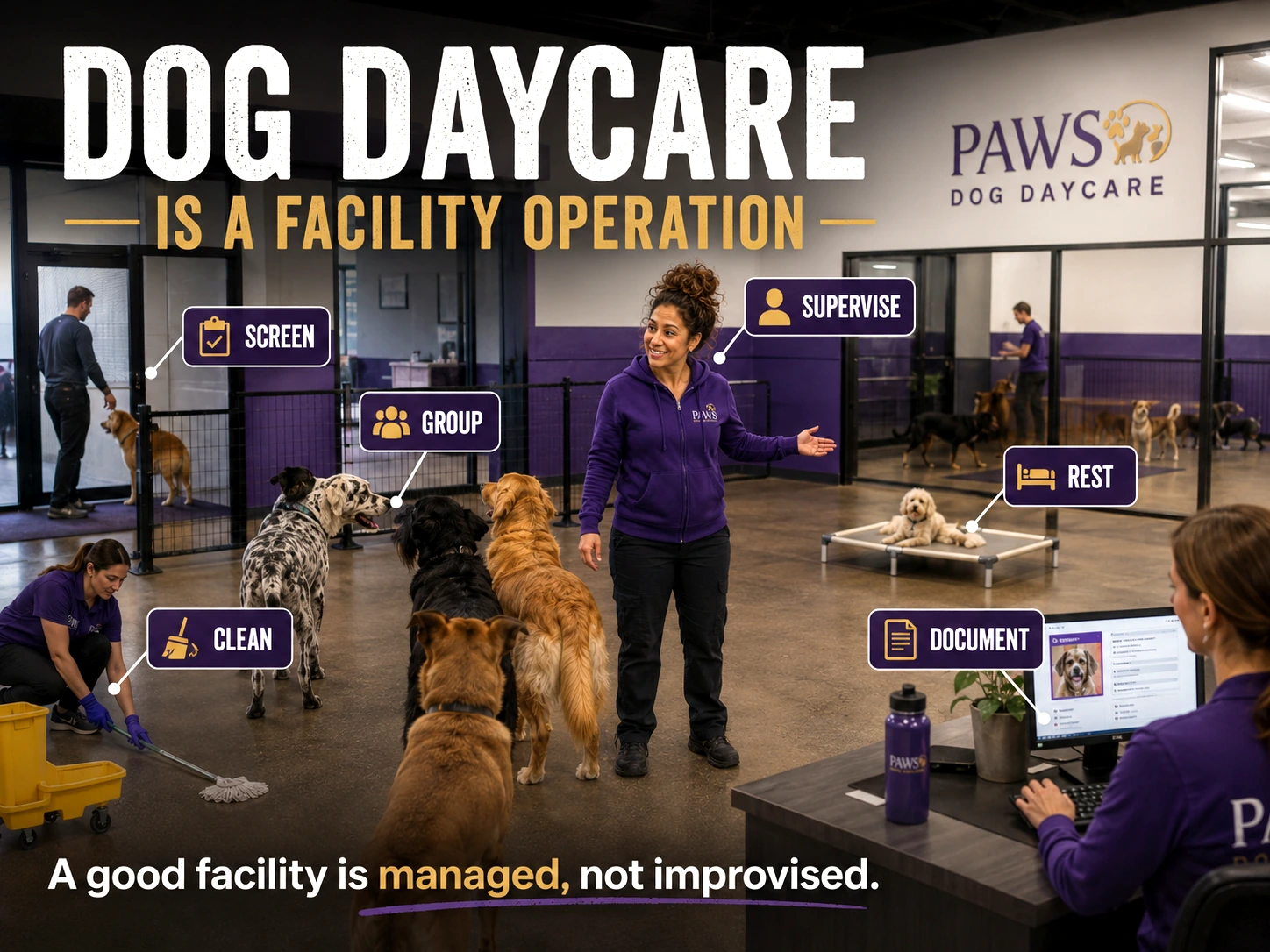 PAWS Lady supervising a structured daycare room with multiple dogs while staff screen, clean, document, and manage rest areas, with overlay labels explaining the operation.