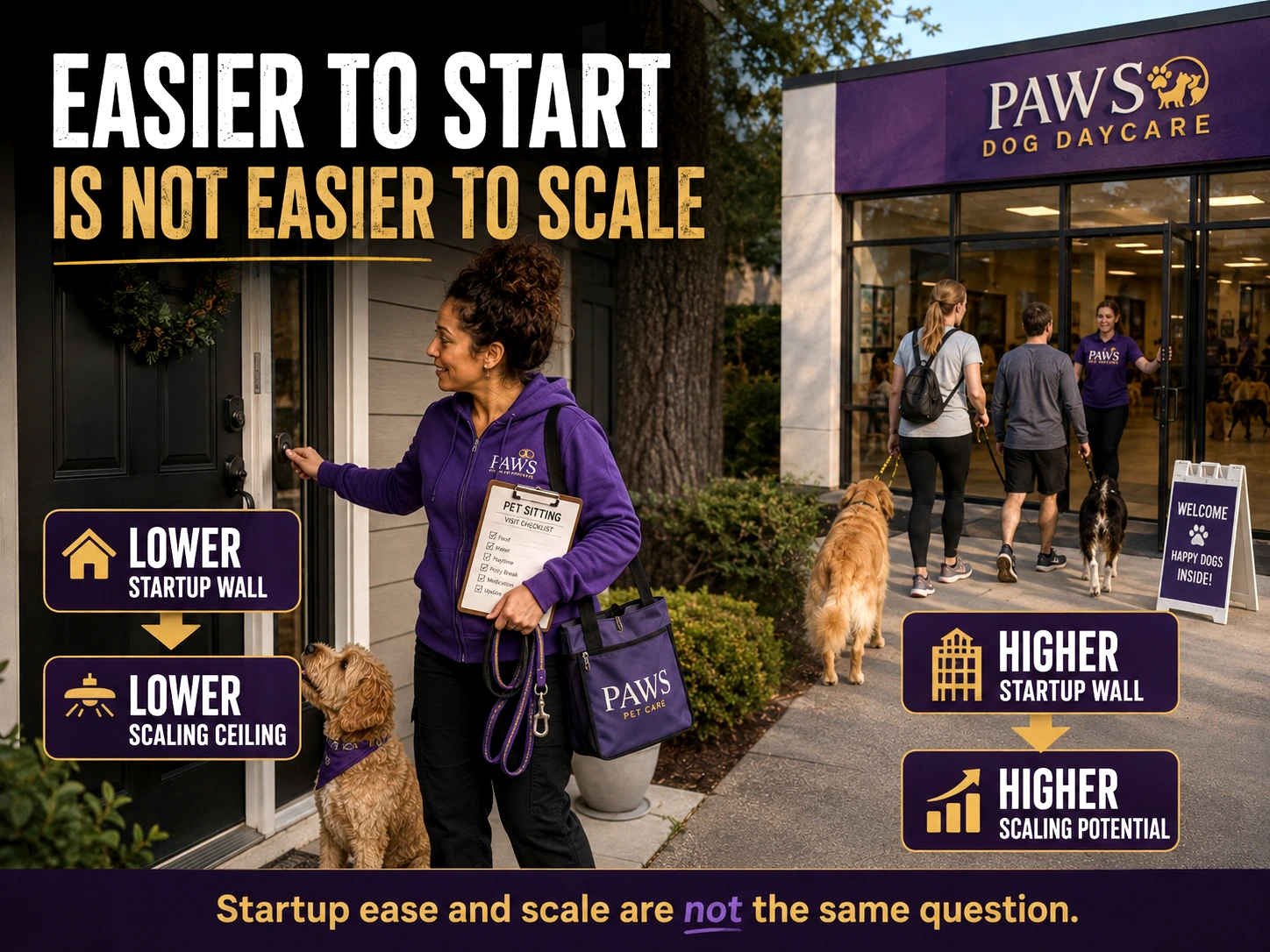 PAWS Lady arriving for a pet-sitting visit at a home while a dog daycare facility in the background shows clients arriving, with overlay text comparing lower startup barriers to higher scaling potential.