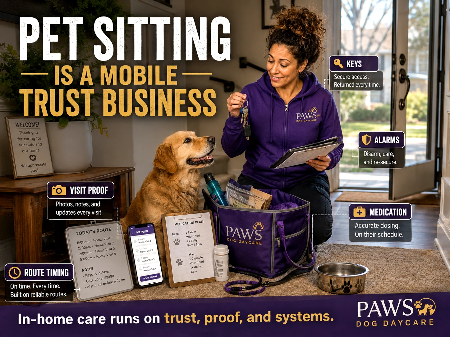 PAWS Lady kneeling inside a client’s home with a golden dog, keys, notes, medication paperwork, and route tools, with overlay text explaining the systems behind pet sitting.