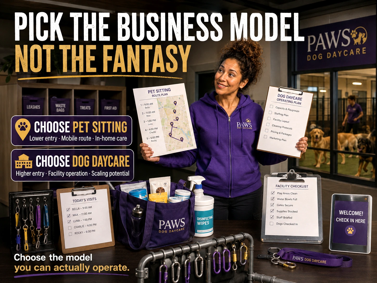 PAWS Lady holding a pet-sitting route plan in one hand and a dog daycare operating plan in the other, with overlay text comparing both models.