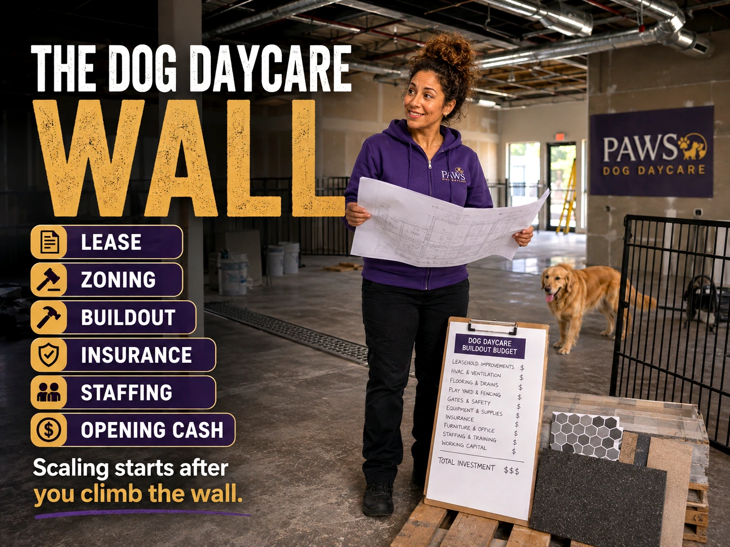 PAWS Lady inside an unfinished daycare buildout holding plans near flooring samples and a buildout budget board, with overlay text listing lease, zoning, buildout, insurance, staffing, and opening cash.