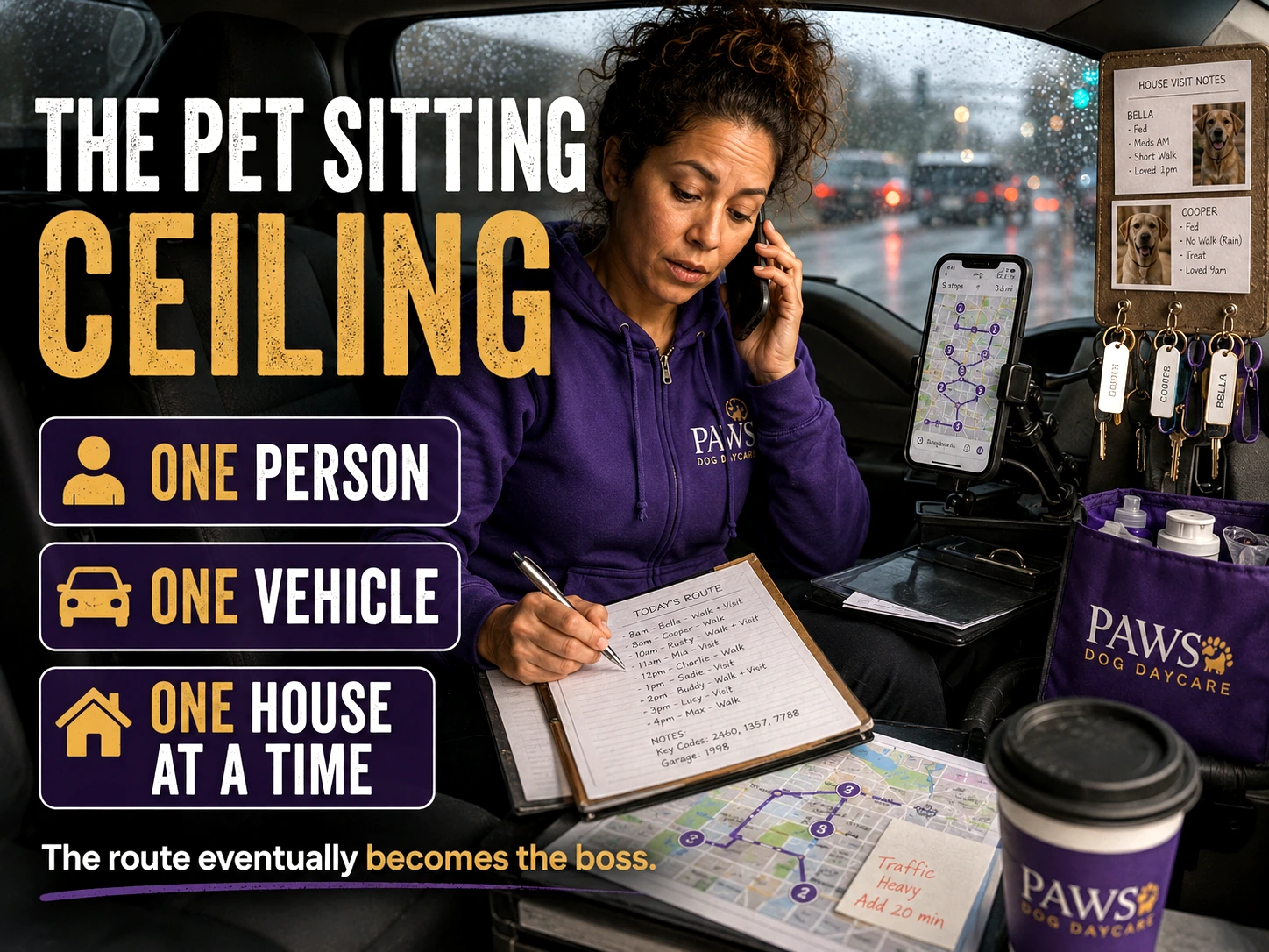PAWS Lady inside a vehicle on a rainy route call, managing route papers, maps, keys, and phone coordination, with overlay text about one person, one vehicle, and one house at a time.