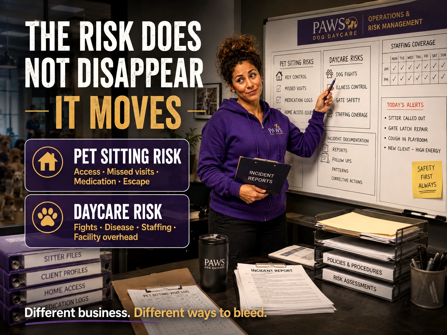 PAWS Lady in an operations office pointing to a risk-management board comparing pet-sitting risk and daycare risk, with overlay text explaining how business risk shifts rather than vanishes.