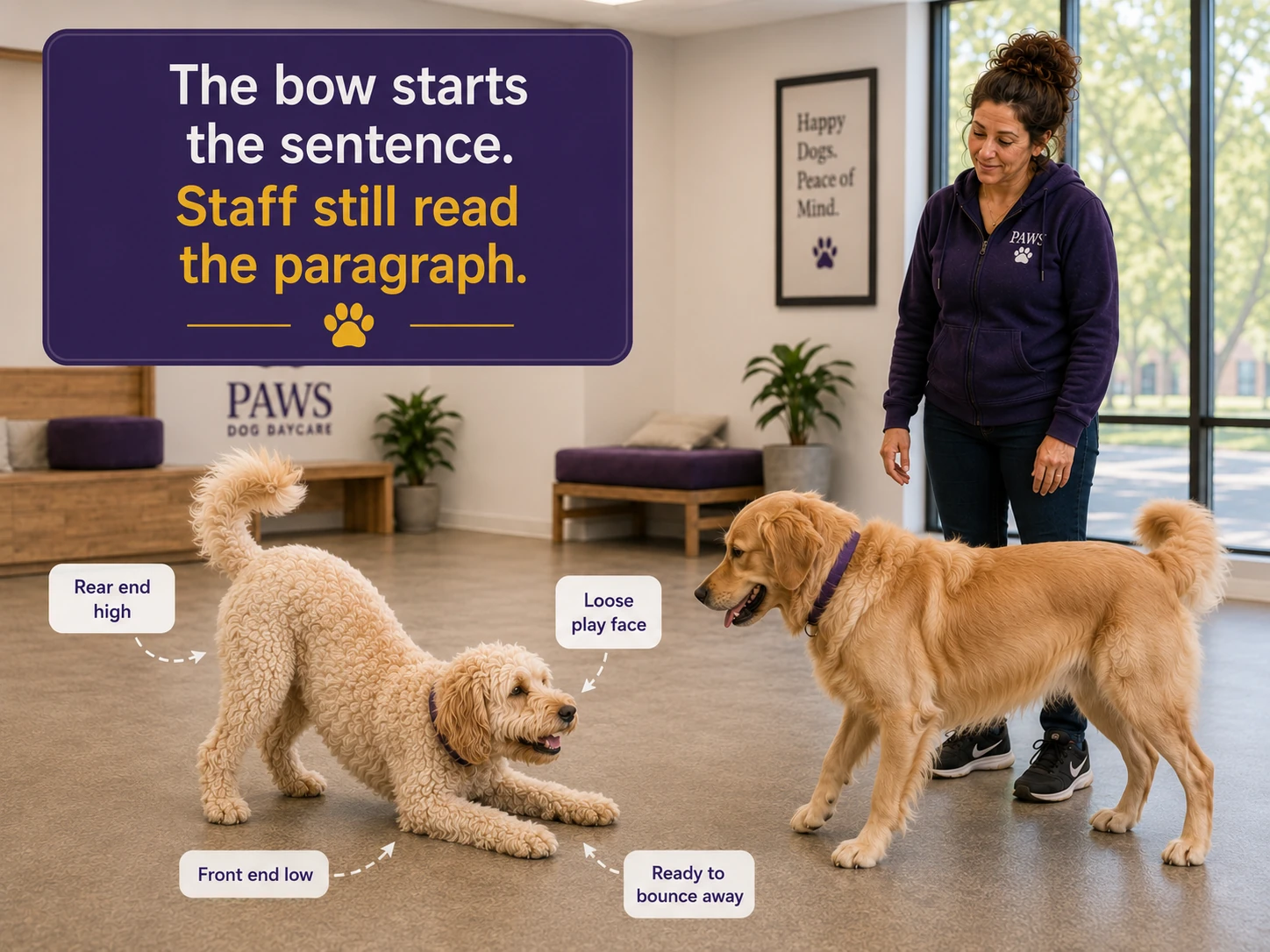 A curly-coated dog offers a play bow toward a golden retriever while the PAWS Lady watches and instructional callouts label the dog’s body language.