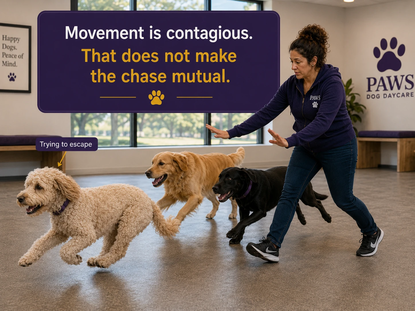 PAWS Lady moves to interrupt as several dogs chase a curly-coated dog that appears to be trying to get away across the daycare room.