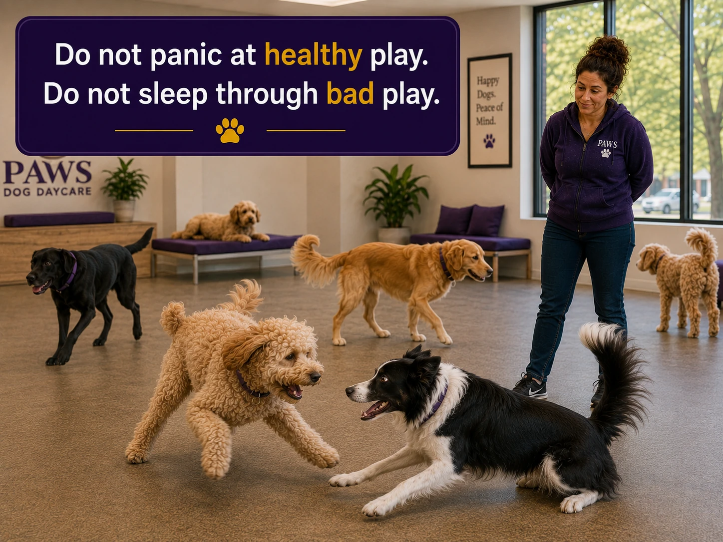 PAWS Lady calmly supervises a daycare room where two dogs engage in lively but healthy play while the rest of the group remains balanced.