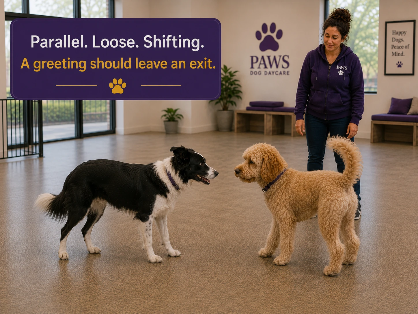 PAWS Lady watches as a Border Collie and a curly-coated dog greet each other with loose, slightly offset body language in the daycare room.