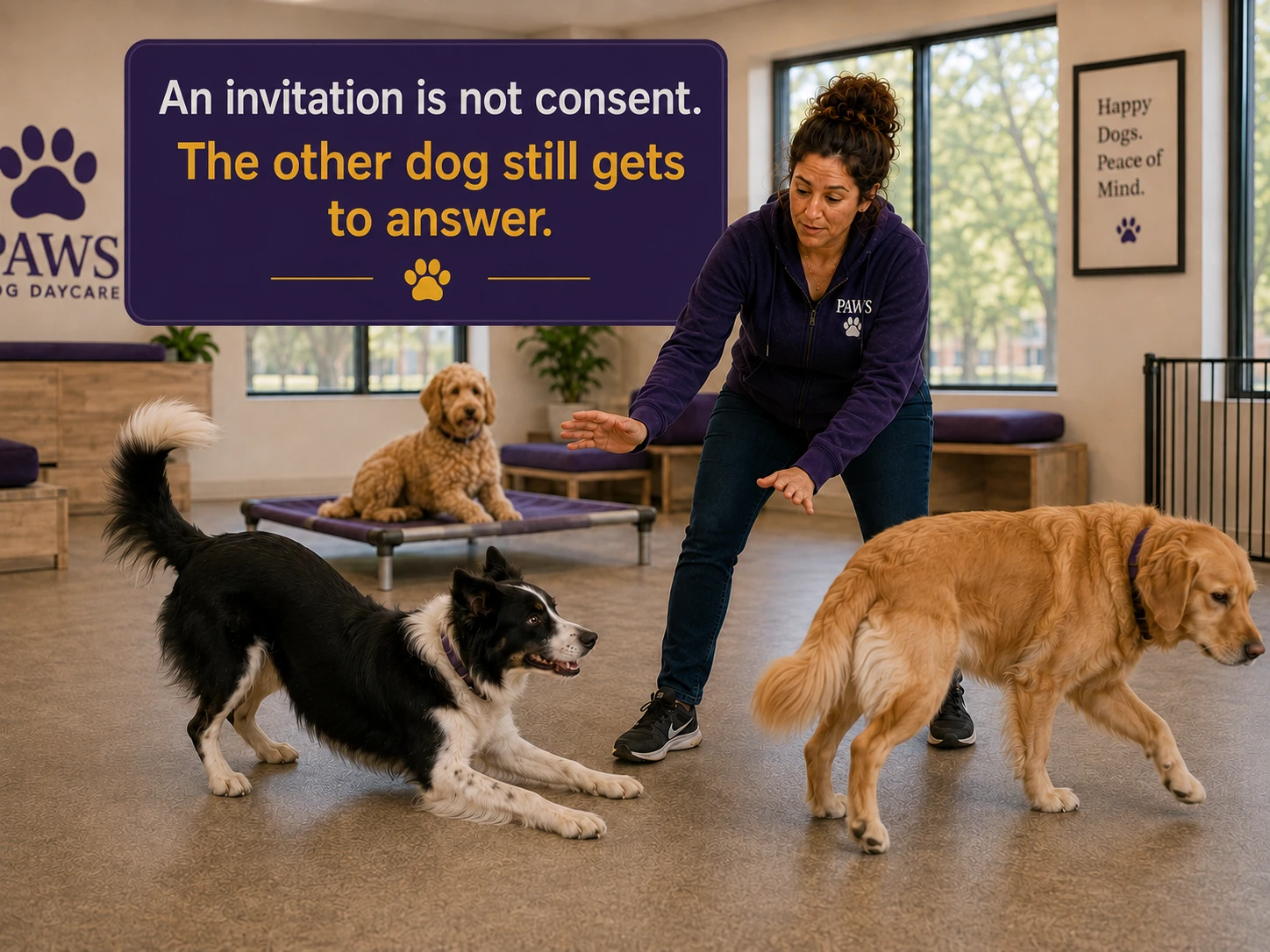 PAWS Lady interrupts as a Border Collie offers a playful invitation to a golden retriever that is clearly turning away from the interaction.