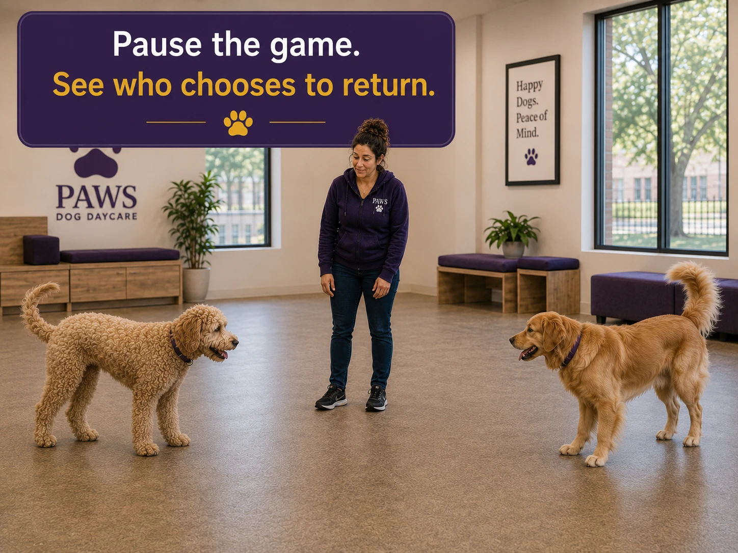 PAWS Lady pauses a game by standing between a curly-coated dog and a golden retriever, allowing each dog space to decide whether to return.