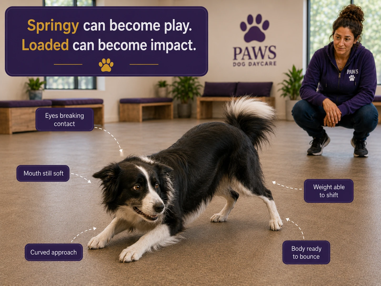 A Border Collie holds a springy crouched posture with instructional callouts while the PAWS Lady kneels nearby in the daycare room.