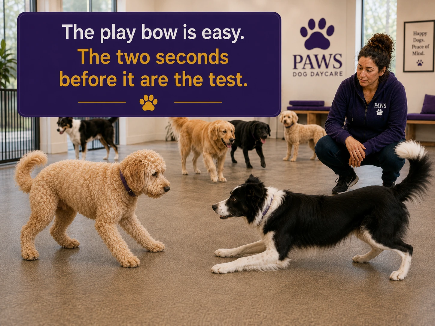 PAWS Lady watches as a Border Collie lowers toward a play bow in front of a curly-coated dog in the daycare room.