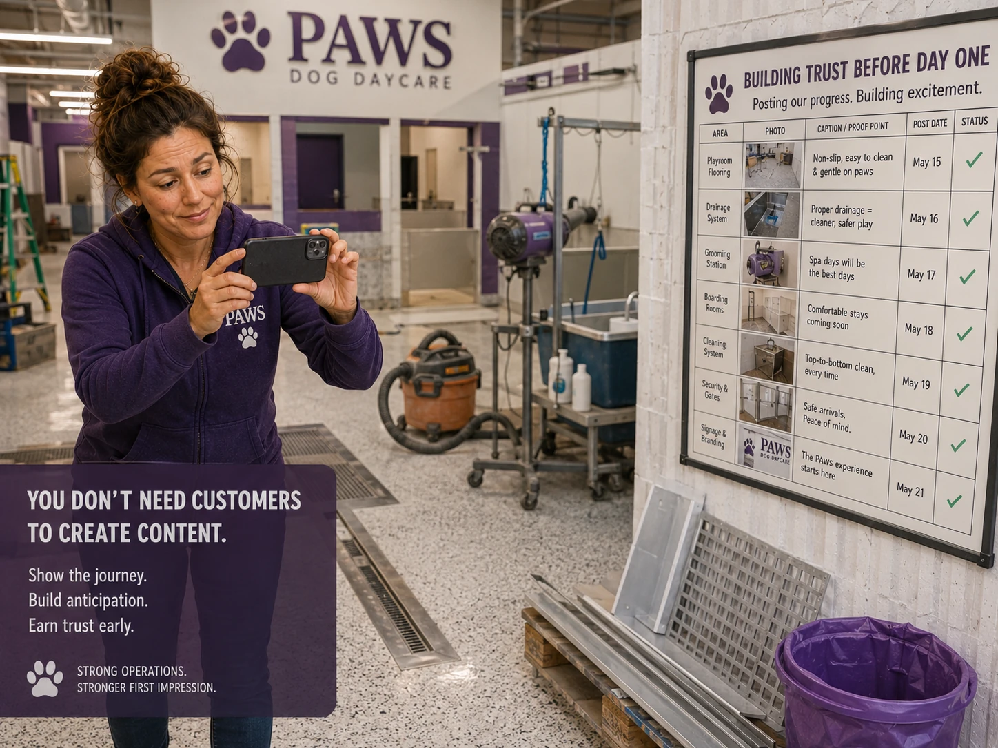 PAWS Lady photographs dog daycare construction progress beside a content board tracking flooring, drainage, grooming, boarding, cleaning, safety gates, signage, and branding.